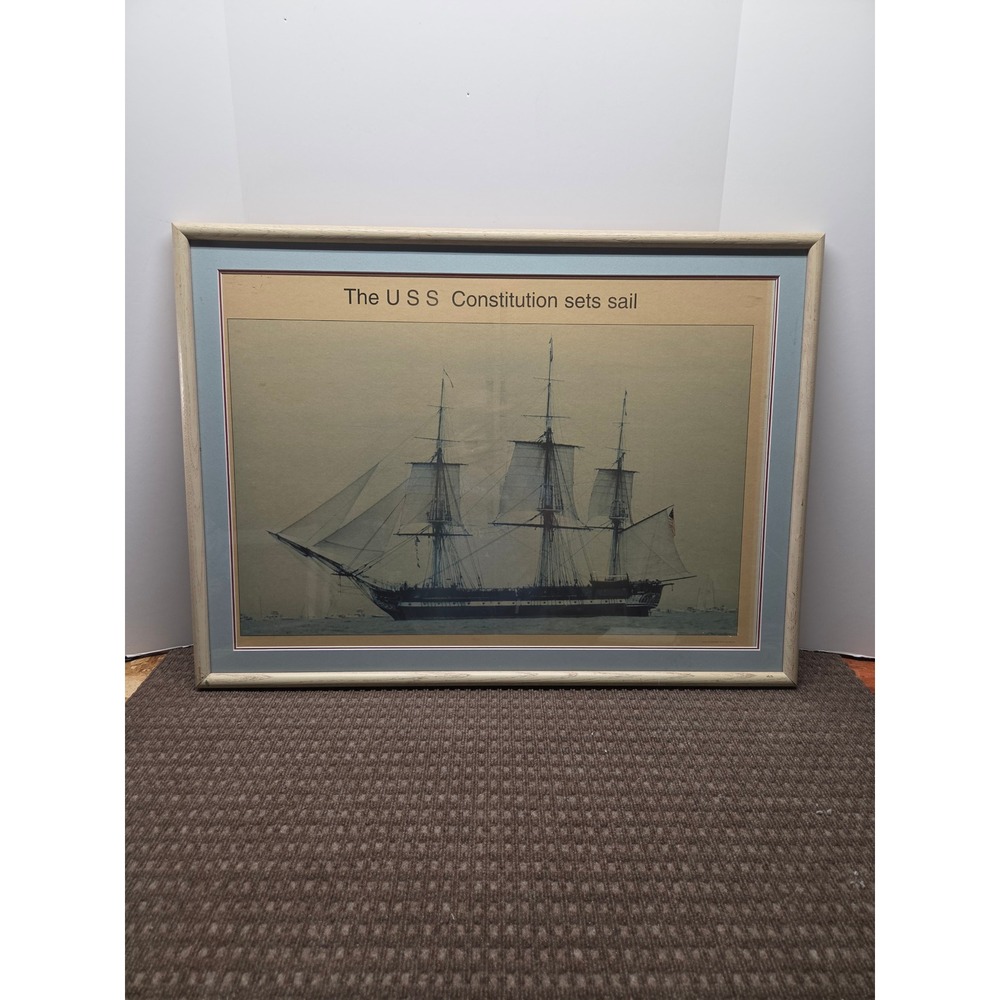 Vintage USS Constitution Sets Sail Framed Maritime Print Nautical Wall Art